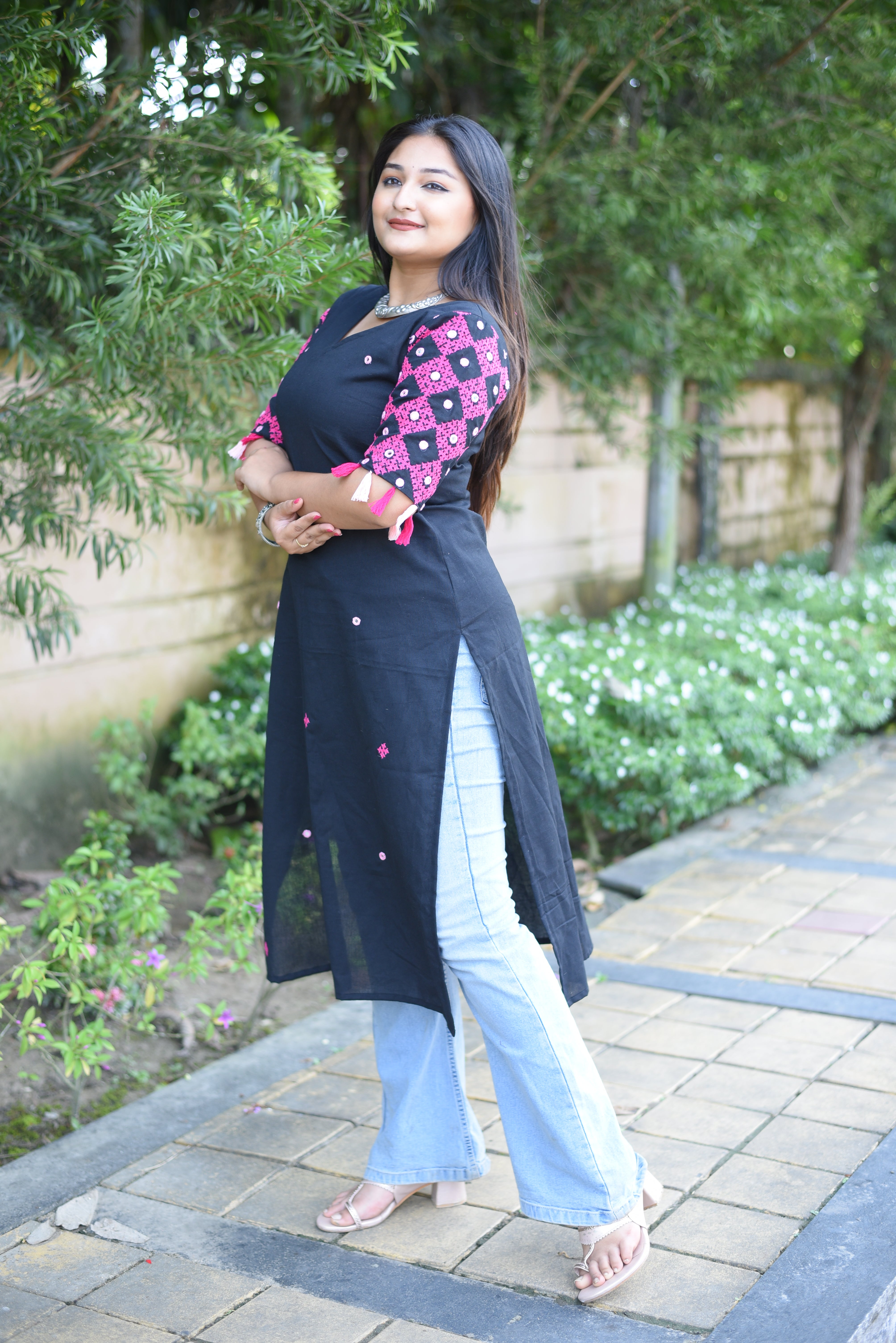 Black  Kutch Hand Embroidered Mirror Work with Hand Tassels Kurta